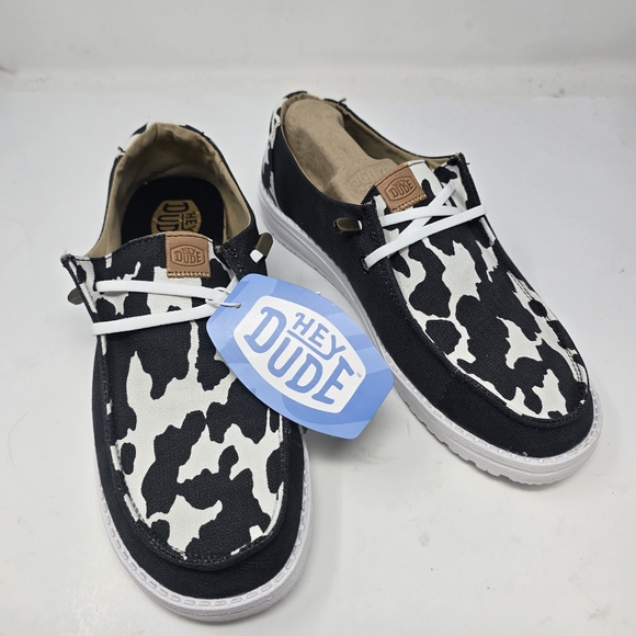 New Hey Dude Womens Size 12 Wendy Wild Cow Print Black Shoes Slip On - Picture 1 of 10